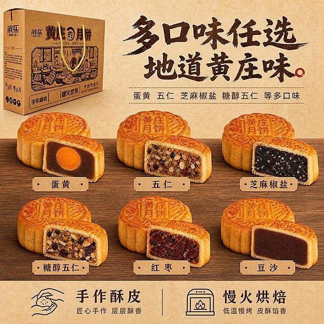 [主图-2] 口味与品质展示，滨乐黄庄月饼牛皮纸礼盒，干净整洁排版，强化多口味与匠心品质。
[统一基调] 牛皮纸复古风 · 干净整洁 · 匠心手作质感；背景主色浅牛皮纸米色加深棕木纹；标题字色深棕褐色；辅助字色中棕；强调色深棕近黑；主标题粗笔刷书法字/宋体，字形厚重质朴；辅助文案清爽黑体；简约细线图标、牛皮纸质感卡片、无多余装饰。
[画面] 上下分层构图，上方占30%为标题区，下方占70%为口味展示区。画面左上角露出滨乐黄庄月饼礼盒一角作为品牌识别，礼盒外观与输入图一致。中央展示多种口味的月饼成品，整齐排列成两行，每款月饼都有完整的和切开的，展示不同馅料：蛋黄、五仁、芝麻椒盐、糖醇五仁、红枣、豆沙等传统口味，月饼金黄饱满酥皮清晰。每款月饼旁有小的牛皮纸色标签标注口味名称。背景为干净的浅米色牛皮纸质感，底部有深棕色木质桌面，整体非常干净整洁，无多余杂物。
[光影质感] 柔和暖光从上方均匀照射，月饼酥皮层次清晰有油亮光泽，每块月饼底部有柔和的接触阴影，商业美食摄影质感，整体干净明亮统一。
[配色] 浅牛皮纸米背景，深棕木纹桌面，深棕标题字，中棕辅助字，整体暖棕色调统一干净。
[文字版式] 上方主标题"多口味任选 地道黄庄味"粗笔刷书法字深棕褐色，下方辅助文案"蛋黄 五仁 芝麻椒盐 糖醇五仁 等多口味"清爽黑体中棕色。口味展示区每款月饼下方有牛皮纸色小标签标注口味名，深棕色字。画面底部有一行强调文案"手作酥皮 慢火烘焙"配小图标。文字全部横排，清晰可读，不遮挡月饼主体。
[输出要求] 1:1正方形比例，文字清晰可读，产品清晰不变形，干净整洁，禁止错字、模糊、杂乱、水印、平台Logo、悬浮感、多余杂物。