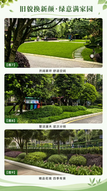 [第3屏] 整改完成成果展示，主题：旧貌换新颜，绿意满家园。内容展示整改后完整绿化成果，包含大草坪、组团灌木、层次花境三个核心成果，使用【图7】【图8】【图9】展示对应实景，保持原图真实景观结构和色彩预览效果