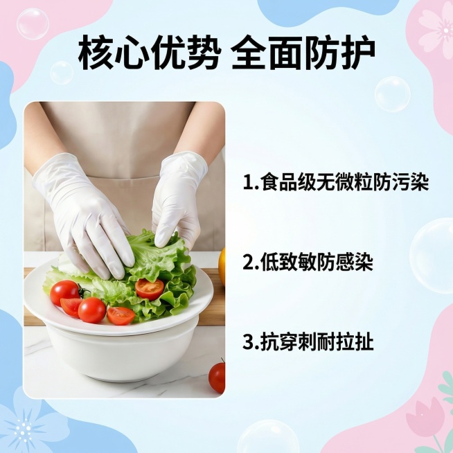 遵循参考图的浅蓝+粉马卡龙配色、圆角植物装饰风格，生成第二张1:1丁腈手套主图：画面展示食品加工使用场景，一双手佩戴珍珠白丁腈手套处理生菜，左侧场景图，右侧排版核心卖点：1.食品级无微粒防污染 2.低预览效果