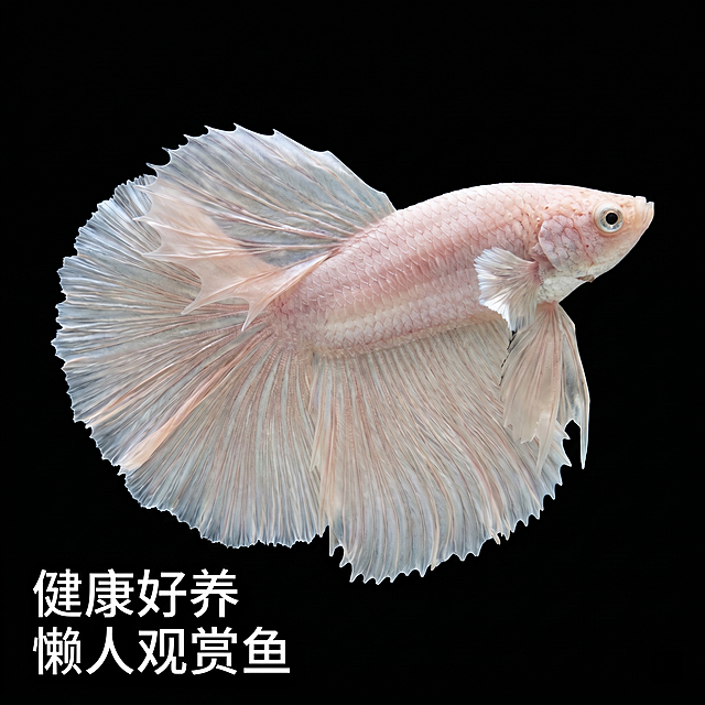 [主图 3] 泰国半月斗鱼整体姿态展示
[氛围风格] 自然灵动，真实水族展示
[画质] 商业摄影质感、光线柔和通透、产品清晰真实、画面干净高级。保持泰国半月斗鱼整体外观、颜色纹理、姿态舒展度与输入产品图保持绝对一致，杜绝任何变形和色差，精细化处理，色彩艳丽通透。商品主体占比严格控制在 60% 左右，画面满屏无边框。
[元素] 泰国半月斗鱼侧身舒展姿态展示，完整呈现鱼身线条和超大扇形尾鳍比例，在纯黑色干净背景中呈现优雅体态，整体舒展自然，展现健康状态。
[光影] 环形柔光影，整体均匀打光，清晰呈现鱼身每一处鳞片质感和尾鳍渐变色彩，立体感强，背景纯黑干净。
[配色] 浅粉白斗鱼，纯黑色背景，对比清晰突出主体。
[视角构图] 侧视水平视角，斗鱼完整舒展于画面中心，体态完整不裁切。
[文字版式] 左下角左对齐，卖点文字 “健康好养 懒人观赏鱼” 白色字体，不遮挡主体，清晰易读。
[比例分辨率] 1:1 比例，2k 分辨率；文字清晰锐利，画面超高清。
[负向提示词] 变形，水印，文字错乱，产品图模糊，背景杂乱，颜色失真，体态不自然，尾鳍残缺