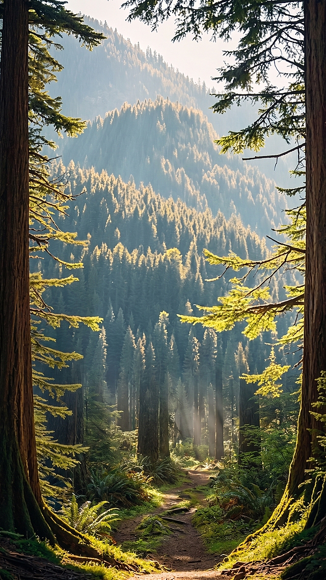 写实风格，原始森林，阳光透过参天大树形成丁达尔效应照射到山林间，两侧高大树干框景，林间小路延伸向远方，整体氛围静谧自然，同参考图构图和风格