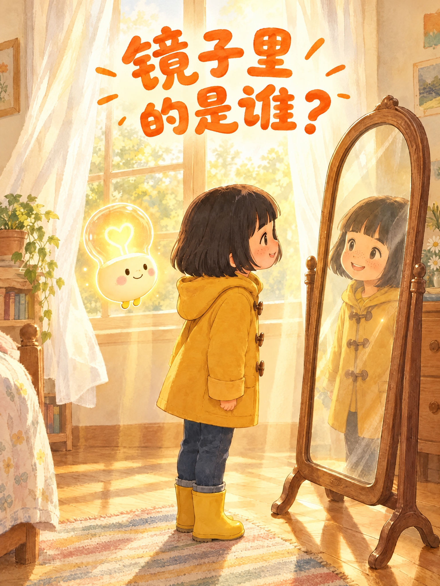 儿童绘本封面《镜子里的是谁？》，竖版构图，温暖治愈水彩手绘风格… - 图片创意预览
