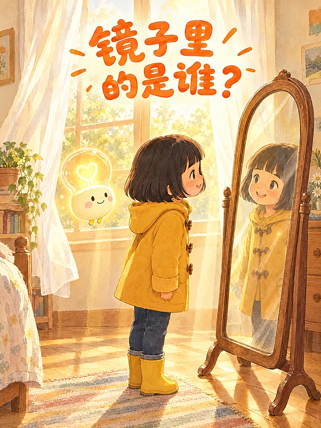 儿童绘本封面《镜子里的是谁？》，竖版构图，温暖治愈水彩手绘风格，吉卜力动画质感。画面与参考图完全一致：午后阳光的卧室，白色窗帘、木地板、条纹地毯、小床、书架、绿植。小女孩Yuki站在复古落地镜前，侧面对着镜子，微笑着看镜子里的自己。Yuki是3-5岁的幼儿形象，小小的个子，黑色齐耳短发+齐刘海、脸上有小雀斑、穿着黄色牛角扣连帽雨衣、深蓝色牛仔裤、黄色雨靴。镜子里清晰映出Yuki的笑脸。镜子左边悬浮着灯泡精灵Sparky，Sparky是严格的标准形象：葫芦形灯泡身体，上半部分是光滑的圆圆的透明玻璃灯泡（顶部完美圆弧，绝对没有金属螺口、小帽子、瓶口、突起），灯泡内部有一个心形的灯丝发出温暖金光，下半部分是圆滚滚的米白色脸部，红扑扑圆形腮红，微笑表情，底部只有两只短短的圆圆的小短腿，没有胳膊没有手，整体悬浮发光。画面上方中央是中文书名《镜子里的是谁？》，用可爱的圆润手写字体，暖橙色，字体风格和系列其他绘本一致，只有书名没有英文。封面只保留中文书名，没有其他多余文字。整体温馨柔和，充满阳光感。