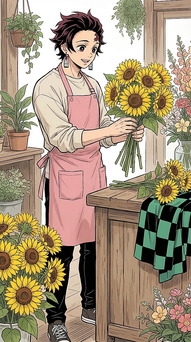 参考图为鬼灭之刃角色做服务员同人图，现在绘制同系列风格的灶门炭治郎，作为花店服务员，穿着粉色围裙和米色上衣同款式的工作服装，身边有向日葵，和参考图不同的动作，二次元漫画线稿上色风格