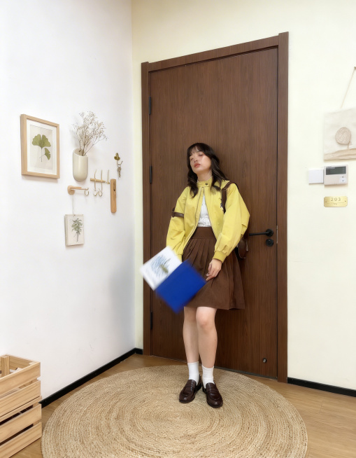 保留原图片中的人物和掉落的书籍不变，在已有基础上再增加一些简约日系风格的墙面装饰，保持整体简约日系居家宿舍风格，比例仍为3:4预览效果