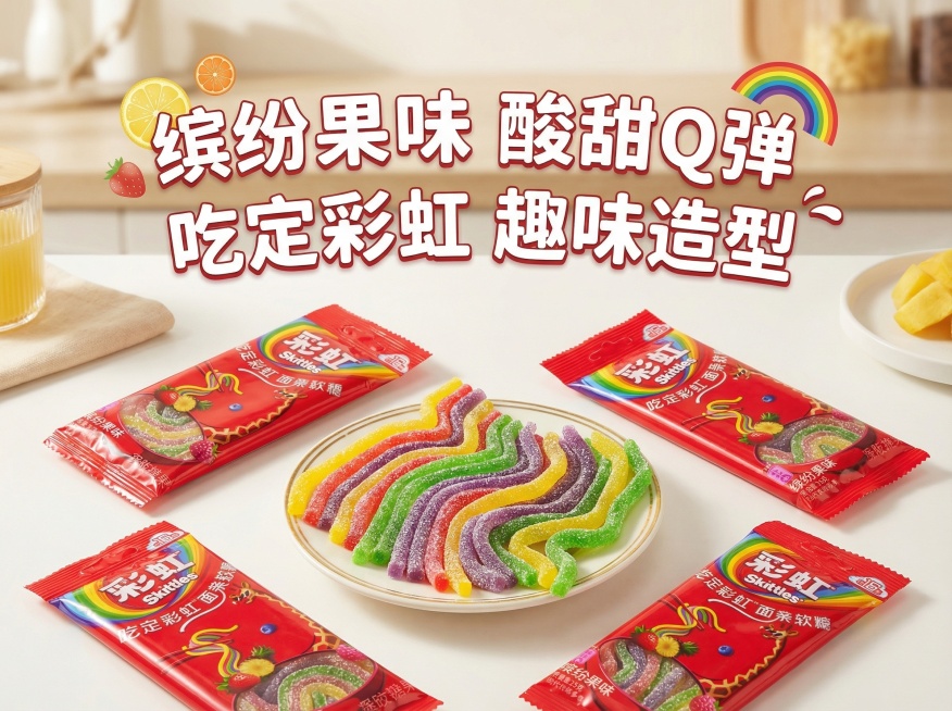 以箭牌彩虹面条软糖为主体，打造高级有食欲的电商主图，画面中展示包装和盘中的软糖，添加卖点文字“缤纷果味 酸甜Q弹”“吃定彩虹 趣味造型”，整体风格精致明亮，突出软糖的晶莹质感和多彩外观预览效果