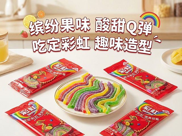 以箭牌彩虹面条软糖为主体，打造高级有食欲的电商主图，画面中展示包装和盘中的软糖，添加卖点文字“缤纷果味 酸甜Q弹”“吃定彩虹 趣味造型”，整体风格精致明亮，突出软糖的晶莹质感和多彩外观