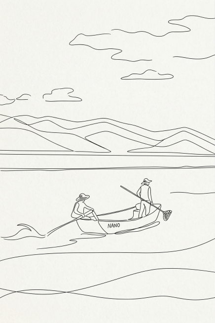 将这张图片转换为极简线条艺术风格，保留画面中渔船、两个戴草帽的人物、湖面、远山和天空的核心轮廓，线条简洁流畅，无多余装饰预览效果