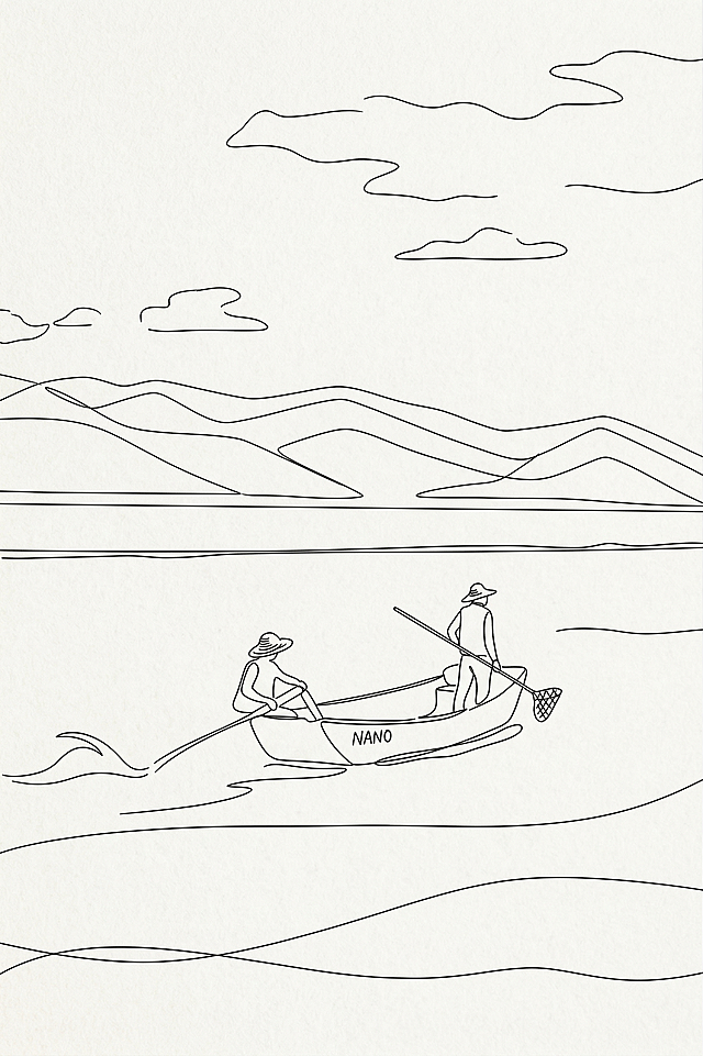 将这张图片转换为极简线条艺术风格，保留画面中渔船、两个戴草帽的人物、湖面、远山和天空的核心轮廓，线条简洁流畅，无多余装饰