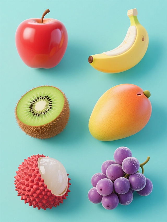 软3D风格水果系列素材集合，纯色背景，整体变换为清新明快的色彩基调，画面中规整排布六个完全不同元素内容的水果：完整的红苹果带有光泽感的表皮和果蒂、剥开一半的黄色香蕉露出白色果肉和褐色果籽、带绒毛的棕色猕猴桃及切开后展示绿色果肉与黑色籽粒的剖面、外壳带刺的红色荔枝及剥开露出半透明白色果肉的形态、橙黄色芒果带有光滑果皮和果核的剖面、成串的紫色葡萄颗粒饱满且带有果霜，所有水果保持统一的软3D质感、圆润造型和柔和光影，无LOGO、电话地址及二维码，整体构图平衡且信息传达清晰。