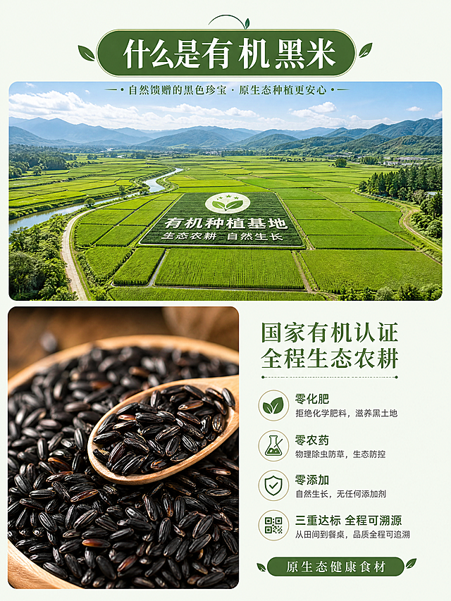3.统一使用官方科普文案（可自行适当做修改）
（1）什么是有机黑米
有机黑米是国家有机认证、全程生态农耕的高端谷物。全程零化肥、零农药、零催熟添加，遵循自然生长周期，土壤、水源、空气三重达标，全程可溯源，是兼具安全性与高营养的原生态健康食材。
（2）有机黑米核心优势（数据化）
高抗氧化活性：富含高活性花青素，抗氧化能力是维生素 E 的 50 倍、维生素 C 的 20 倍，人体吸收率高。
高密营养配比：含 18 种氨基酸、多种矿物质与膳食纤维，营养密度远超普通杂粮。
极致食用安全：有机标准严苛管控，零农残、无重金属超标，全人群可安心食用。
口感品质优越：米粒紧实饱满，蒸煮米油丰厚、软糯香浓，原生谷香浓郁。
（3）有机黑米 VS 普通黑米
种植标准不同：有机黑米实行三年土壤净化、无化学农资；普通黑米为常规种植，允许合规农资使用。
营养含量不同：有机黑米花青素、硒元素、氨基酸含量，高出普通黑米 3 倍以上。
安全等级不同：有机黑米零残留、全程可溯源；普通黑米存在微量农残、品质不稳定问题。
口感品相不同：有机黑米色泽通透、米香醇厚；普通黑米色泽暗沉、口感干涩清淡。
（4）有机黑米甄别方法
查认证溯源：带正规有机标识、一物一码溯源编码，官方可查。
观外观色泽：米粒乌黑透亮、颗粒均匀、内里洁白，无人工染色暗沉感。
测浸泡状态：清水浸泡析出通透淡紫色花青素，水质清澈不浑浊。
品蒸煮口感：煮熟软糯粘稠、米香纯粹，无酸味、无杂味。
（5）洋县有机黑米专属核心优势（数据化地域亮点）
洋县拥有 2600 余年黑米种植历史，是国家地理标志原产地、朱鹮核心生态保护区。
生态稀缺：依托秦岭富硒沃土、汉江活水灌溉，全域长期严控化肥农药，形成国内稀缺的朱鹮共生型零污染农耕产区。
营养突出：产区土壤硒含量为全国均值 5 倍，黑米花青素含量高达 564μg/g，营养活性领先同类产品。
品质权威：自古为宫廷贡米，种植规模大、有机认证标准高，是陕南地标性绿色有机农产品。

4.配图硬性要求
全文 5 大板块，每个板块必须独立搭配 2张高清匹配图片
有机黑米整体生态种植图
黑米营养食材细节实拍图
有机黑米与普通黑米对比图
黑米真假鉴别细节图
洋县秦岭、朱鹮生态产区风光图
可适当添加氛围动图、装饰元素，提升画面质感。
要求：无水印、无模糊、不变形、高清商用质感

5.图文排版 + 新媒体传播核心评分标准
风格统一：全篇色调、版式、字体统一，生态绿色高级风，无杂乱混搭。
排版专业：标题层级分明、字体字号统一、行间距舒适、段落分布均匀，符合新媒体阅读规范。
图文高度匹配：图片贴合段落内容，不跑题、不乱配，图文逻辑一致。
视觉美感达标：画面干净整洁、疏密得当、重点突出，无拥挤、无空白失衡。
传播性达标
整体版式适合朋友圈、公众号、社群直接转发，颜值高、可读性强、种草效果强，具备商业宣传传播价值。
商业属性达标：整体呈现品牌科普调性，高级、简约、正式，符合农产品新媒体商业推广标准。