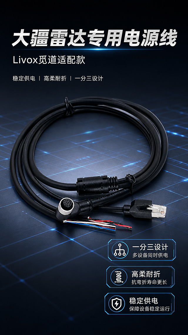 [第1屏] 详情页头图-兼容大疆Livox激光雷达M12一分三高柔电源线主视觉海报。本屏使用【图1】作为商品主体。
[氛围/风格] 深灰科技风，专业数码配件质感，简洁高级，科技感强，商业摄影高清质感。
[元素布局] 电源线主体居中展示，占画面约70%，背景为深灰渐变加蓝色科技发光网格线条，左上角标题区，右下角点缀三个卖点小标签，产品结构、接口颜色材质与原图保持一致。
[光影质感] 顶部冷柔光照射，产品底部保留自然阴影，金属接口突出高光，明暗层次清晰，凸显线材质感。
[配色色系] 全局底色 #12171F，主色深灰科技黑，辅助色蓝色科技线条和白色文字。
[视角构图] 正面平视45度角，产品中心构图，阅读从上到下。
[文字版式] 顶部主标题「大疆雷达专用电源线」，副标题「Livox觅道适配款」，黑色加粗标题，白色文字清晰分层；右下角三个卖点标签：「一分三设计」「高柔耐折」「稳定供电」，文字不遮挡主体。
[比例分辨率] 9:16竖版比例，4K分辨率，文字清晰可辨，高清画质。
[负向提示词] 产品变形，接口缺失，颜色偏差，文字错乱，背景杂乱，文字过小，水印。