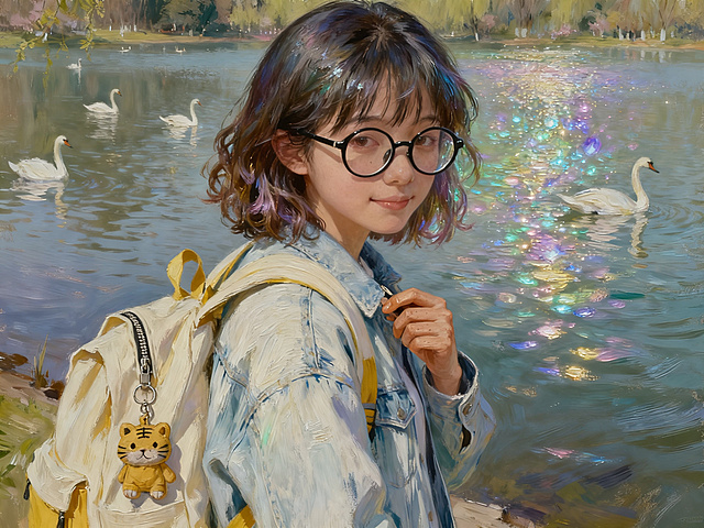 根据原图片女大学生生成左视图，保持人物脸部特征不变：齐肩碎发，发尾自然卷，额前碎发不齐，三百度黑框圆眼镜，镜腿有点松，穿洗得发白的浅蓝色牛仔外套，背米白色发黄帆布书包，书包拉链挂妈妈手工缝的土黄色布老虎钥匙扣，右手指腹有浅褐色握笔薄茧，指甲短，指缝沾淡墨水痕，站在成都文理天鹅湖岸边，背景是湖水天鹅，春天气温，自然光，细节清晰，电影质感