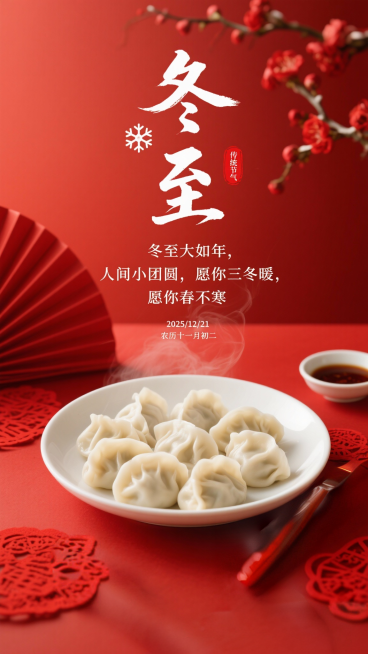 生成4张冬至海报，比例9:16。采用近景聚焦 + 喜庆国风的视角：画面主体是白瓷圆盘，盛着褶皱纹理清晰的白色饺子，冒着朦胧白汽，碗旁配同色红瓷筷子与小碟蘸料；背景元素：正红色渐变底色，左边红色桌面点缀预览效果