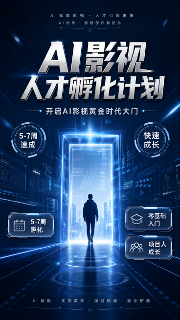 科技未来风格，AI影视人才孵化计划发布会宣传海报，主标题“AI影视人才孵化计划”，副标题“开启AI影视黄金时代大门”，装饰文案“5-7周速成”和“快速成长”，卖点“5-7周孵化”、“零基础入门”、“项预览效果