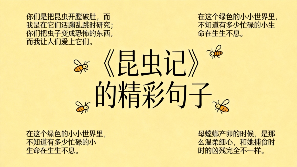 在第11页配图上添加文字：“你们是把昆虫开膛破肚，而我是在它们活蹦乱跳时研究；你们把虫子变成恐怖的东西，而我让人们爱上它们。”“在这个绿色的小小世界里，不知道有多少忙碌的小生命在生生不息。”“母螳螂产预览效果