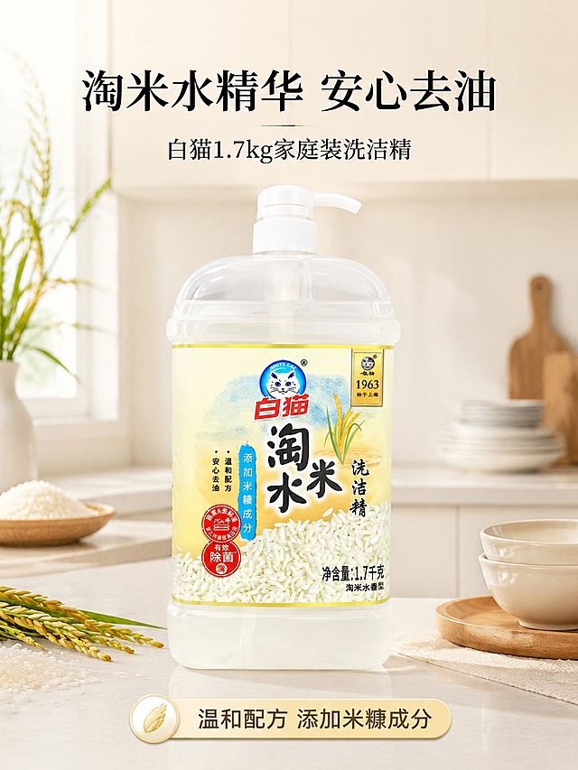 使用商品详情页技能根据商品图「图片1」生成详情页，参考图为，商品名称为白猫淘米水洗洁精1.7kg，卖点为温和配方  安心去油，适配平台为抖音/快手，图片比例为3:4，需求屏数为5张，高端大气