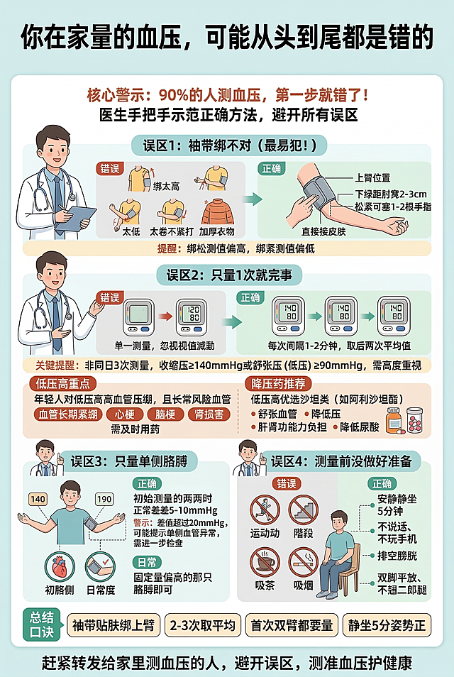 将原图的标签行删除，保留其他文案和内容不变，测血压科普信息图，清晰排版，医疗科普风格，干净舒适的色调