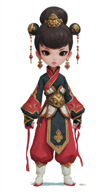 游戏角色原画，女剑客，全身立绘，自然站立
3头身比例，萌系Q版手游角色，头大身小，服装图形化概括，二次元卡通风格，chibi style
正面全身视图，红黑拼色改良中式服饰，高立领灯笼袖上衣，金色雕花预览效果