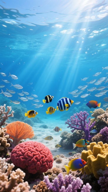 超写实风格水下场景，阳光穿透清澈湛蓝海水形成多束明亮光束，照亮海底五彩斑斓的珊瑚礁生态系统。前景是形态各异的健康珊瑚群落，包括巨大的红色脑珊瑚、橙色扇形珊瑚、紫色鹿角珊瑚和黄色块状珊瑚，珊瑚表面细节丰富，纹理清晰可见。中央区域有一条姿态优雅的蓝白条纹小丑鱼群和几条黄色与黑色相间的蝴蝶鱼，周围环绕着银色闪光的沙丁鱼群和几只色彩鲜艳的鹦鹉鱼，所有海洋生物动态自然，细节精致。背景海水呈现出由浅至深的……预览效果