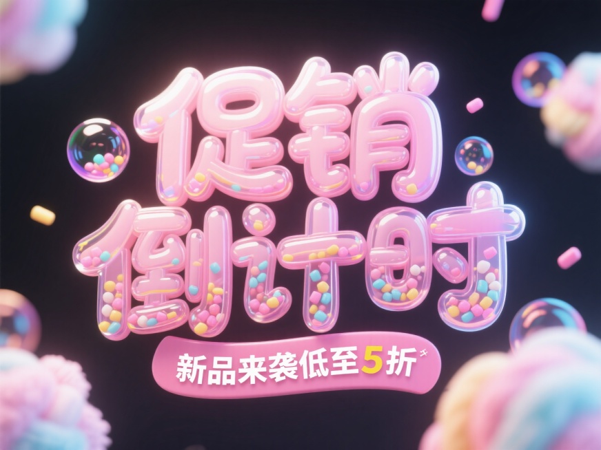 主标题为“促销倒计时”，副标题为“新品来袭低至5折”，立体泡泡字体，3D立体字，软边缘，字体采用粉彩棉花糖材质表面覆水光膜，字体透明，字体里面填充跳跳糖颗粒预览效果