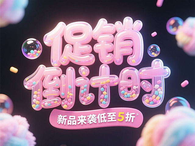 软3D风促销海报，甜美可爱，霓虹灯效果，塑料质感字体，新品低至5折。