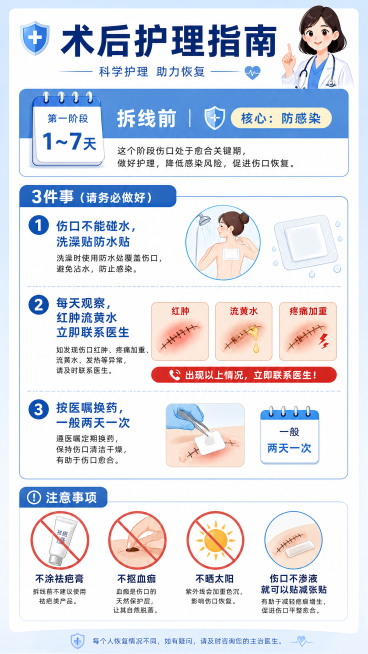 医疗科普图文，第一阶段：术后1～7天，拆线前，核心：防感染。列出3件事：1.伤口不能碰水，洗澡贴防水贴；2.每天观察，红肿流黄水立即联系医生；3.按医嘱换药，一般两天一次。注意事项：不涂祛疤膏，不抠血预览效果