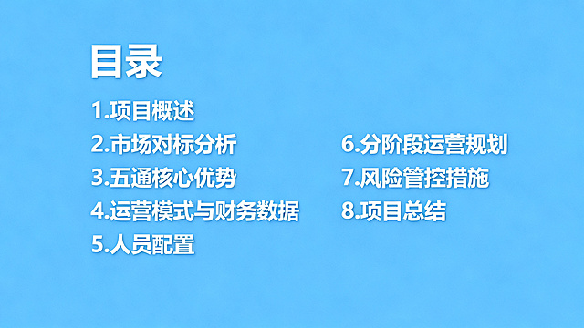 蓝色简约商务风格PPT目录页，大标题"目录"，列出八大核心章节：1.项目概述 2.市场对标分析 3.五通核心优势 4.运营模式与财务数据 5.人员配置 6.分阶段运营规划 7.风险管控措施 8.项目总结，清晰排版，页面干净商务。