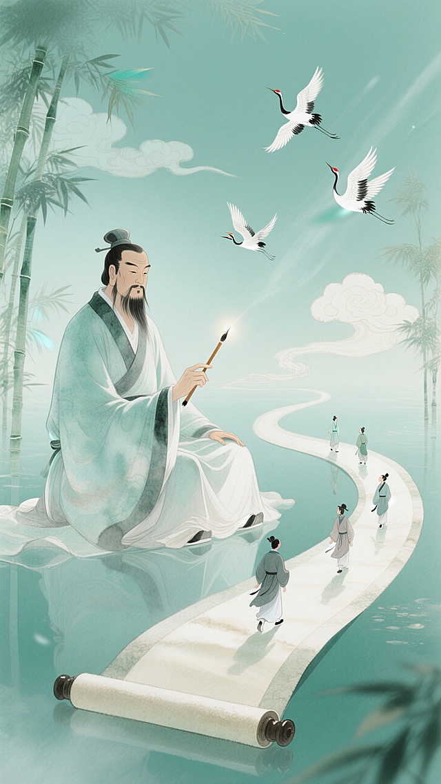 混合细腻彩铅质感，浅绿色为主色调。一个坐着的巨型的夫子（拿着一支毛笔）点着悬浮的蜿蜒不断的巨型卷轴；有几个古代学子行走在卷轴上；背景有飞鹤、祥云；竹子点缀画面。