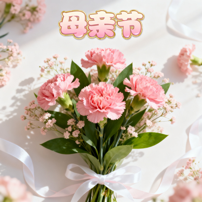 一张暖色调母亲节主题800*800封面图，包含康乃馨花卉、温馨母爱氛围，整体风格温馨治愈，构图居中对称，适合作为社交媒体封面，画面整体明亮柔和，有"母亲节"艺术字标题预览效果
