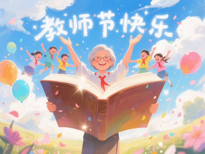 天空中飘着洁白的云朵，云朵巧妙地组合成“教师节快乐”的字样，阳光明媚，柔和的光线洒在场景中。一位慈祥的老师站在画面中央，双手向上举起，手掌展开形成一本打开的书的形状，姿态温柔而充满力量。在老师双手形成预览效果