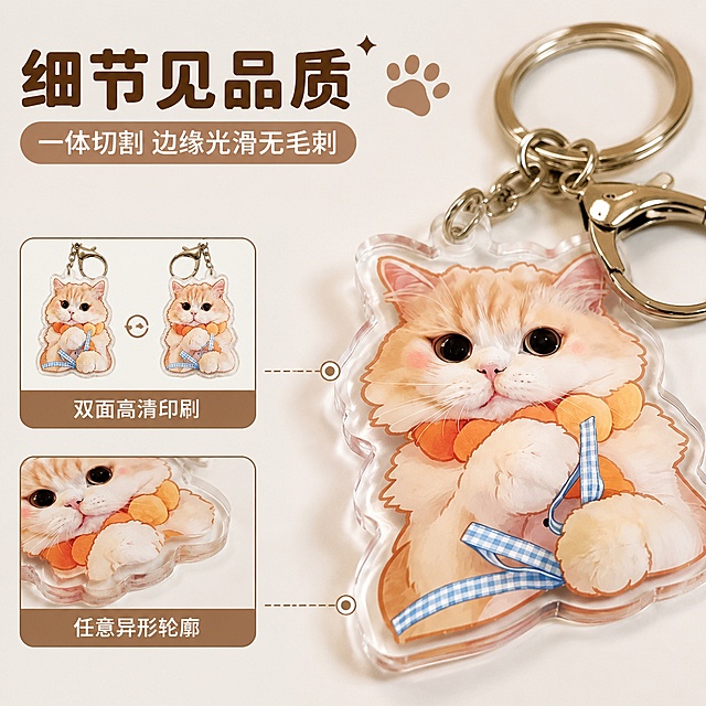 「图片1」，生成电商主图（5张），商品名称是宠物亚克力钥匙扣，卖点是无毛刺一体切割，异形自由定制，宠物纪念礼品首选，适配淘宝/天猫平台，主图比例为1:1