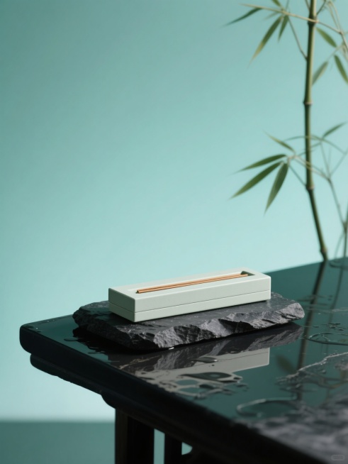 新中式美学，轻微俯视的特写的产品展示空场景图。居中突出中心长方体线香盒的特写镜头，置于黑色粗粝石材底座，台面有水渍反光，右侧入镜自然舒展的竹枝，背景是渐变青绿色墙面，背景浅绿弥散柔和渐变预览效果