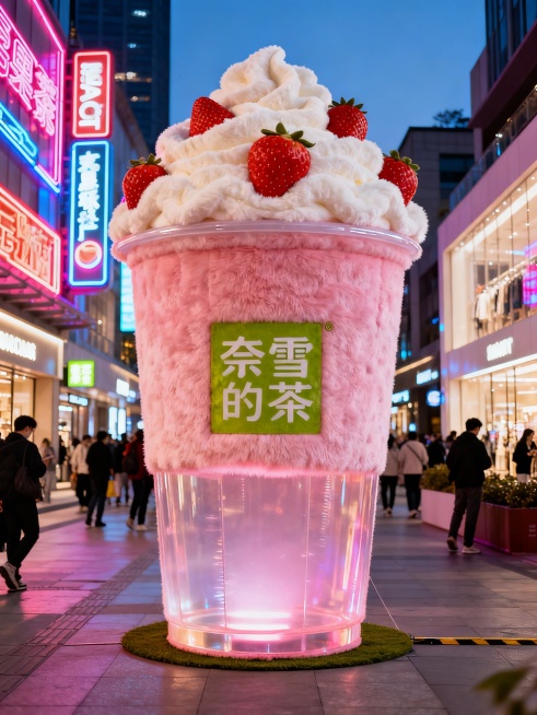奈雪的茶毛绒水果茶杯
 
Hyperrealistic photograph, a giant plush sculpture of a Nayuki fruit tea cup with the预览效果