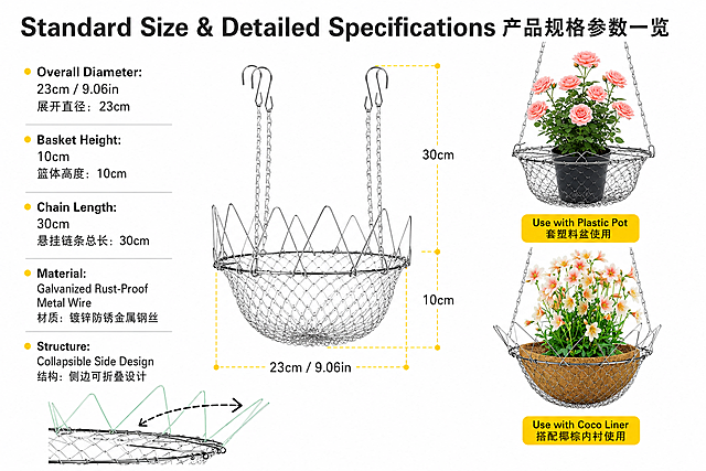 「图片1」，生成一套详情页，商品名称为玫瑰花茶，适配亚马逊平台，单图比例为基础A+，需求屏数为8张。尺寸970×600 - 图1主视觉：居中放置白底完整产品图，右下角叠加1张小尺寸欧式阳台场景图（你最新提供的这张氛围感图）   文字排版（顶部居中，白色粗体无衬线字体）   大标题（大号加粗） Foldable Metal Hanging Plant Basket 可折叠金属悬挂花盆篮   副标题（小号常规字，主标题下方） Collapsible Hanging Flower Planter for Vertical Garden & Home Decor 可折叠悬挂花架，打造室内外垂直空中花园  排版规范：文字置于画面顶部留白区，不遮挡产品主体，整体画面干净高级。图2：规格参数图（核心信任背书）   尺寸：970×600   图片素材   - 左半区：带尺寸标注的产品规格图（沿用你之前的尺寸图，黄线标注长宽高），左下角保留折叠结构箭头示意图 - 右半区：2张小场景缩略图（套塑料盆+椰棕内衬两种用法）   文字排版（左侧竖排参数，英文为主、中文为辅）   主标题（顶部加粗大字） Standard Size & Detailed Specifications 产品规格参数一览   参数文案（逐条左对齐）   - Overall Diameter: 23cm / 9.06in | 展开直径：23cm - Basket Height: 10cm | 篮体高度：10cm - Chain Length: 30cm | 悬挂链条总长：30cm - Material: Galvanized Rust-Proof Metal Wire | 材质：镀锌防锈金属钢丝 - Structure: Collapsible Side Design | 结构：侧边可折叠设计  排版规范：参数文字左对齐，尺寸线标注清晰，海外买家可快速抓取关键信息。图3：材质用料卖点图（品质核心卖点）   尺寸：970×600   图片素材   - 左半区：金属网体细节放大特写图，清晰展示钢丝编织纹理 - 右半区：户外阳台悬挂实景图，体现产品耐候性   文字排版（顶部标题+右侧分点卖点）   主标题（顶部加粗大字） Premium Galvanized Metal, Rust-Proof & Durable 加厚镀锌材质 防锈更耐用   卖点清单（右侧4条分点，带✅符号） ✅ Thickened Woven Wire, Strong Load-Bearing, Not Easy to Deform 加粗一体编织钢丝，承重力强，长期使用不变形 ✅ Anti-Rust Galvanized Process, Suitable for Outdoor Use 镀锌防锈工艺，风吹雨淋不生锈，室内外通用 ✅ High Toughness Mesh, Resistant to Bending and Folding 高韧性网体，可反复折叠，回弹性能优秀 ✅ Safe & Harmless Material, Ideal for All Plants安全无有害物质，适配各类绿植花卉种植图4：可折叠核心卖点图（物流+收纳优势）   尺寸：970×600   图片素材   - 左右分栏对比：左图为产品折叠压扁状态，右图为产品撑开使用状态，中间搭配折叠动态箭头示意图   文字排版（顶部标题+中间正文）   主标题（顶部加粗大字） Collapsible Design | Save Shipping & Storage Space 可折叠设计 节省物流与收纳成本   正文文案（居中排版）   - Fold Flat to Reduce Shipping Volume & Cost 折叠压平发货，大幅降低国际物流体积与运费 - Compact Storage, Save 90% of Your Space 闲置时可完全收拢，节省90%收纳空间 - One-Click Unfolding, Easy to Operate in Seconds一秒快速撑开，新手也能轻松上手 图5：两种使用方式图解（打消使用顾虑）   尺寸：970×600   图片素材   - 上下分栏：上图为套塑料花盆使用场景，下图为椰棕内衬直接种植场景   文字排版（顶部标题+分栏对应文案）   主标题（顶部加粗大字） 2 Practical Planting Methods to Meet Your Needs 两种种植方案 满足不同园艺需求   分栏文案 🔹 Method 1: Pot Sleeve Mode 套盆种植法 Directly fit your original plant pot, simple and convenient. 直接套入原有花盆，无需换盆，懒人首选。    Method 2: Coco Liner Mode 椰棕内衬种植法 Match with coco liner for better air permeability and drainage. 搭配椰棕垫使用，透气沥水，绿植长势更佳。   图6：多场景适用图（场景种草，激发购买欲）
 尺寸：970×600
 图片素材
 - 四宫格拼图：4个场景缩略图，分别为「欧式阳台、室内飘窗、庭院露台、户外围栏」，核心使用你提供的欧式阳台氛围感主图
 文字排版（顶部标题+底部分点场景文案）
 主标题（顶部加粗大字）
Perfect for Indoor & Outdoor Multi-Scene Decoration
多场景适配 打造你的专属空中花园
 场景文案（底部4条分点，带✔符号）
✔ Indoor: Balcony, Bay Window, Living Room Ceiling
室内场景：阳台、飘窗、客厅吊顶悬挂
✔ Outdoor: Patio, Porch, Garden Fence
户外场景：露台、庭院、花园围栏装饰
✔ Commercial: Café, B&B, Flower Shop
商用场景：咖啡馆、民宿、花店绿植造景
 图7：细节优势特写图（强化产品质感）
 尺寸：970×600
 图片素材
 - 四宫格细节特写：4张小图分别对应「双挂钩、金属链条、网体包边、沥水网底」
 文字排版（顶部标题+每张小图下方标注文案）
主标题（顶部加粗大字）
Exquisite Details Bring Better Using Experience
精工细节设计 提升使用体验
 细节标注文案（每张图下方小字）
 1. Double Hook Design: Stable & Anti-Slip 双挂钩设计：承重稳固不滑落
2. Adjustable Chain: Flexible Height Control 加长链条：可自由调节悬挂高度
3. Smooth Edge: No Sharp Burrs 圆润包边：无毛刺，不伤手不刮盆
4. Breathable Mesh Bottom: Prevent Root Rot 沥水网底：透气排水，避免绿植烂根
 图8：总结促单图（- 底部：产品白底全景图；顶部：多场景小图拼贴（