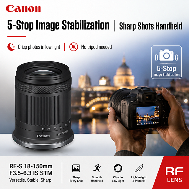 根据佳能RF-S18-150mm F3.5-6.3 IS STM样张产品图生成6张带场景突出产品卖点的速卖通主图，设计一套完整的产品主图，需要每张主图都突出产品的卖点，输出的图片每一屏都必须是1：1 尺寸，符合佳能的品牌调性，高转换率，英文文案，文字清晰，如有图标则图标完整清晰