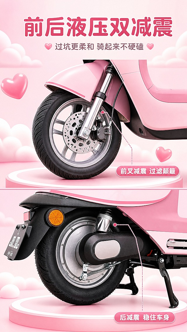 【商品】使用【图1】（前叉与前轮区域）与【图2】（后轮与后减震区域）作局部放大；保留：前叉圆筒外形与银色镀铬表面、弹簧与减震筒结构、前轮碟刹盘与粉色前挡泥板包边；后减震筒与后摇臂、后轮胎纹与轮毂、橙色反光片；不得改变部件位置、数量与颜色。
【画面】目标：说明前后双减震的作用；构图：上下双格拼接，上格为前减震特写、下格为后减震特写，两格各占半屏、宽度一致，格间用细粉线分隔；每格右下角一个粉胶囊标签；部件下方柔和接触阴影，背景为粉白渐变＋泡泡云与立体爱心。
【视觉】套系策略：风格=粉色元气 3D 立体商业渲染风（甜系少女感，产品保持实车写实质感）；标题字=现代无衬线粗圆体中文；正文字=简洁无衬线常规体中文；主色=樱花粉到蜜桃粉柔和渐变（#FBD3E0→#FFEAF2）；背景延展=米白到浅粉柔光渐变底，叠加 3D 泡泡云朵、立体果冻爱心、粉白圆形台座，按主色做深浅与材质层次；强调色=莓果玫红（#E8477F），仅用于小面积图标、引线、标签与序号；标题色=玫红深粉（#D5326B）；正文色=暖灰紫（#7C6C74）；组件=圆角白底信息卡、细粉线引线、粉胶囊标签；光影=柔和粉调影棚光，左前上方柔光。
【文字】主标题「前后液压双减震」，副标题「过坑更柔和 骑起来不硬磕」，上格标签「前叉减震 过滤颠簸」，下格标签「后减震 稳住车身」；全部横向排版，不遮挡部件。
【规格】图片比例9:16竖版（1152×2048），分辨率4K；避免：前叉或减震结构变形、碟刹盘缺失、格内拼接错位、错字乱码、蚂蚁字、竖排或旋转文字、平台logo/水印/二维码、绝对化用语、冷蓝冷灰主色。