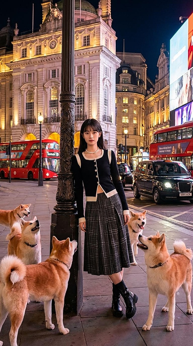 复古与现代交织的都市夜景中，女孩身着优雅格纹裙装，环绕五只柴犬，霓虹灯映衬下尽显时尚与温馨。