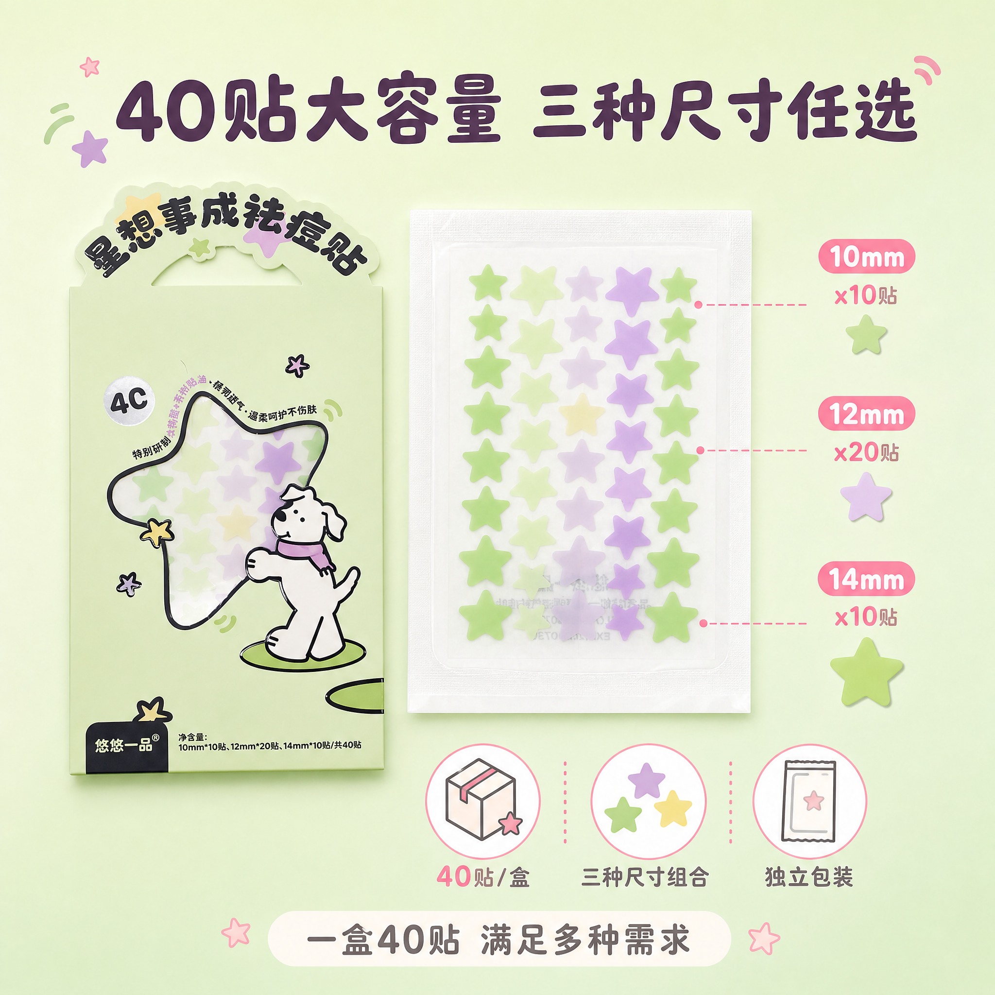 [主图-5] 尺寸数量与规格，展示一盒40贴的规格信息和三种尺… - 图片创意预览