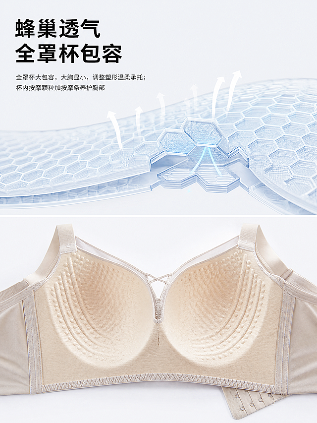[第5屏] 蜂巢透气内里细节展示，本屏使用【图1】的产品结构，参考图8的透视分析展示方式。
[氛围/风格] 功能解析展示，科技感简约风格，浅干净背景，清晰通透质感。
[元素布局] 上半部分展示蜂巢透气网结构透视示意图，下半部分展示内衣内里实拍图，上下分区，各占约50%空间，保持内衣整体颜色和结构和原图一致，蜂巢结构清晰呈现透气方向。
[光影质感] 整体光线均匀，示意图部分浅蓝色调增加透气感，实拍部分突出内里按摩颗粒质感，明暗清晰。
[配色色系] 全局底色：#F0F4F8；上示意图：#AED6F1浅蓝色蜂巢 + 白色箭头；下实拍：#E8DDD4内衣肤色+浅杏内里；文字：#222222黑色。
[视角构图] 上下分屏构图，上图透视分析，下图实拍展示，3:4竖版。
[文字版式] 左上角大标题"蜂巢透气 全罩杯包容"黑色粗体，下方说明文字"全罩杯大包容，大胸显小，调整塑形温柔承托；杯内按摩颗粒加按摩条养护胸部"，文字左上角排列，不遮挡主体结构，层级清晰。
[比例分辨率] 3:4，4K分辨率。
[负向提示词] 结构错误，蜂巢变形，颜色不对，文字模糊，背景杂乱，低俗擦边。