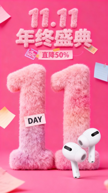 主视觉为一个粉色渐变毛绒材质的“11” ，“DAY”标签位于数字“1”上，商品位于画面右下角，背景是高饱和粉色结合便签纸元素，画面上方为毛绒主标题“11.11 年终盛典”，“直降50%”便利贴装饰。预览效果