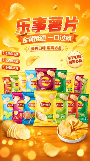 商品营销海报，风格写实商业摄影，年轻动感促销风格，参考图中乐事薯片全家福商品主体，100% 还原上传商品图中各款产品的外形、包装、LOGO、印刷文字、净含量，完整保留所有包装的轮廓、结构、比例、品牌l预览效果