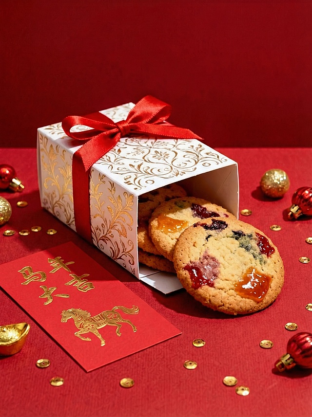 主体置于正红哑光质感背景台面（占画面比40%），主体旁摆放印 “马年大吉” 烫金马元素金纹红色贺卡，台面散落金色亮片、红金装饰球。色调以正红、鎏金为主，整体呈现喜庆高级的新年主题氛围，轻微俯拍视角。