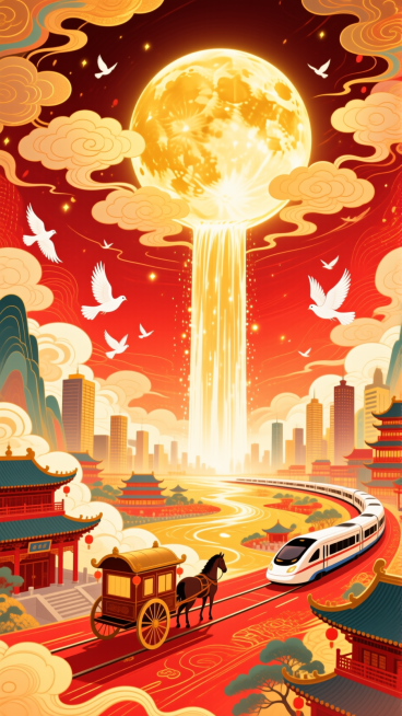 月光如金色的瀑布从圆月（占满画面2/3）上倾泻到底部的全景大地上（马车、动车分别行驶在古建筑和城市间），画面带有发光效果，白鸽飞过，整体画面充斥着华丽的金色和喜庆的红色，奇幻色彩和光影变化，具有丰富的预览效果