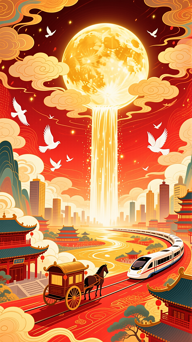 中式梦幻插画，国潮风融合虚拟现实，超现实主义月亮瀑布，现代与古典交织。