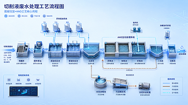 工业污水处理切削液废水处理工艺原理概念示意图，展示核心工艺混凝沉淀加AAO工艺段，明亮浅蓝色系科技感风格，画面展示工业污水工艺段完整流程，包含多个污水处理工艺流程节点，用发光线条和箭头表示流体流向，背景为渐变浅蓝色，整体画面干净通透，专业工业科技感，高精度细节渲染，3D立体效果，未来科技感，工程示意图风格