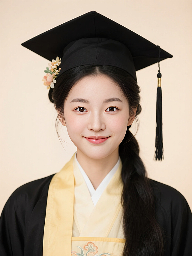 正面照，黑色半扎发，穿戴黑色学士服学士帽，内衬是浅黄色汉服，学士帽旁边簪花，半身照，背景浅色，暖光，明媚