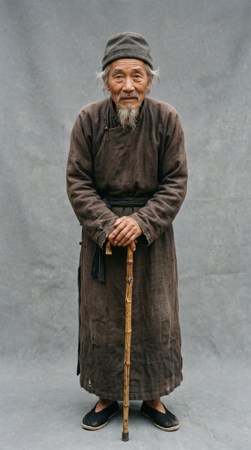 全身照，正视图，灰色背景现实风格，纹理细腻，全身站立，严格6:8头身比例，体态匀称，腿部修长，东方人体比例，精准稳定。六十五岁东方男性，瘦长脸满脸皱纹，花白山羊胡，眼神浑浊慈祥，身穿灰褐色粗麻布长衫，预览效果