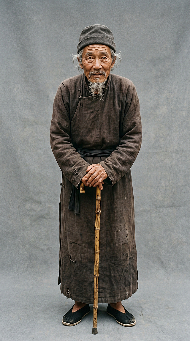 全身照，正视图，灰色背景现实风格，纹理细腻，全身站立，严格6:8头身比例，体态匀称，腿部修长，东方人体比例，精准稳定。六十五岁东方男性，瘦长脸满脸皱纹，花白山羊胡，眼神浑浊慈祥，身穿灰褐色粗麻布长衫，头戴破旧毡帽，手持竹拐杖，佝偻站立，双手拄拐，微微弯腰，表情忧虑，性格老实本分，胆小怕事，对村民有朴素的关心