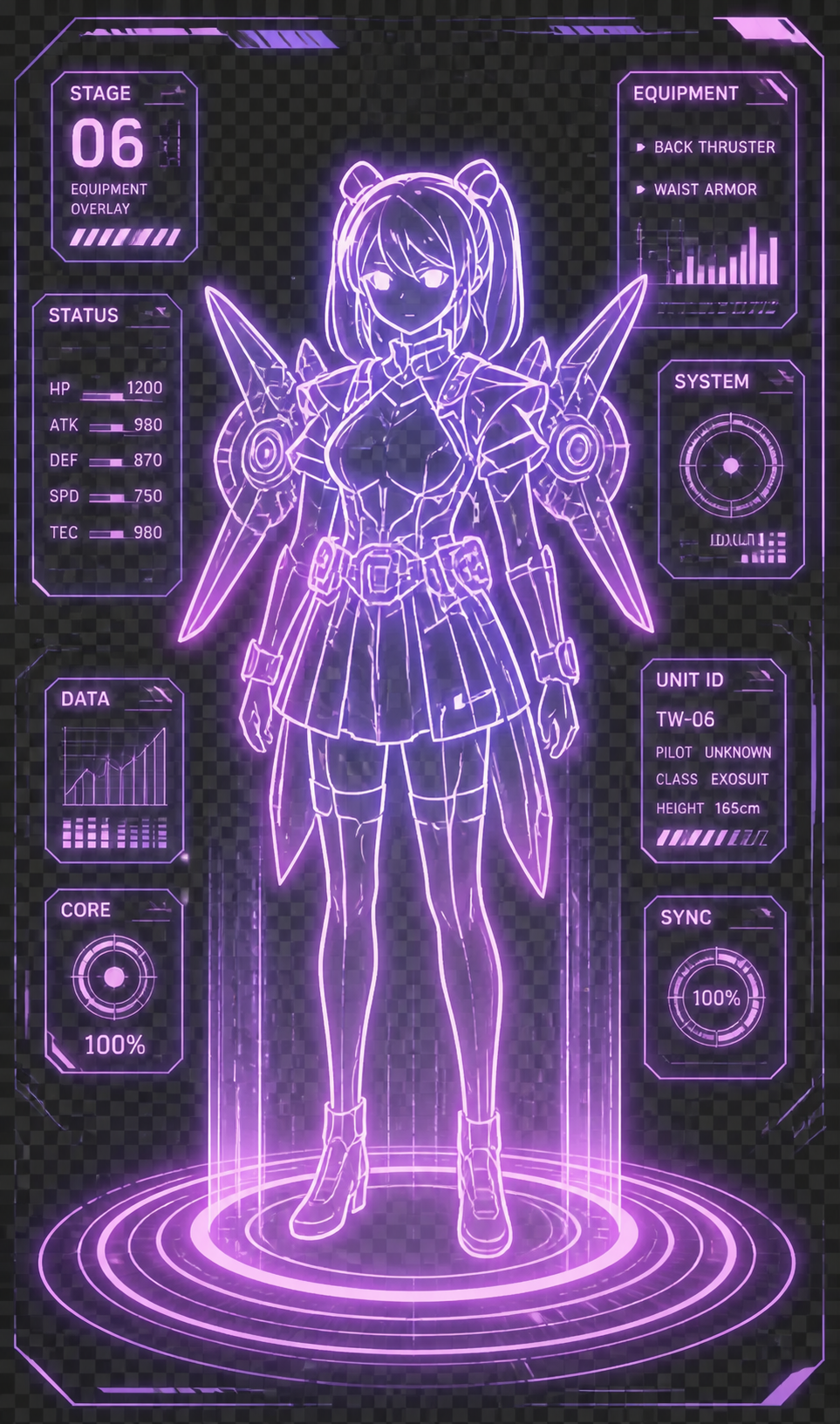 同一个双马尾少女，第6阶段：叠加背部推进器和腰部机甲，矢量发光… - 图片创意预览
